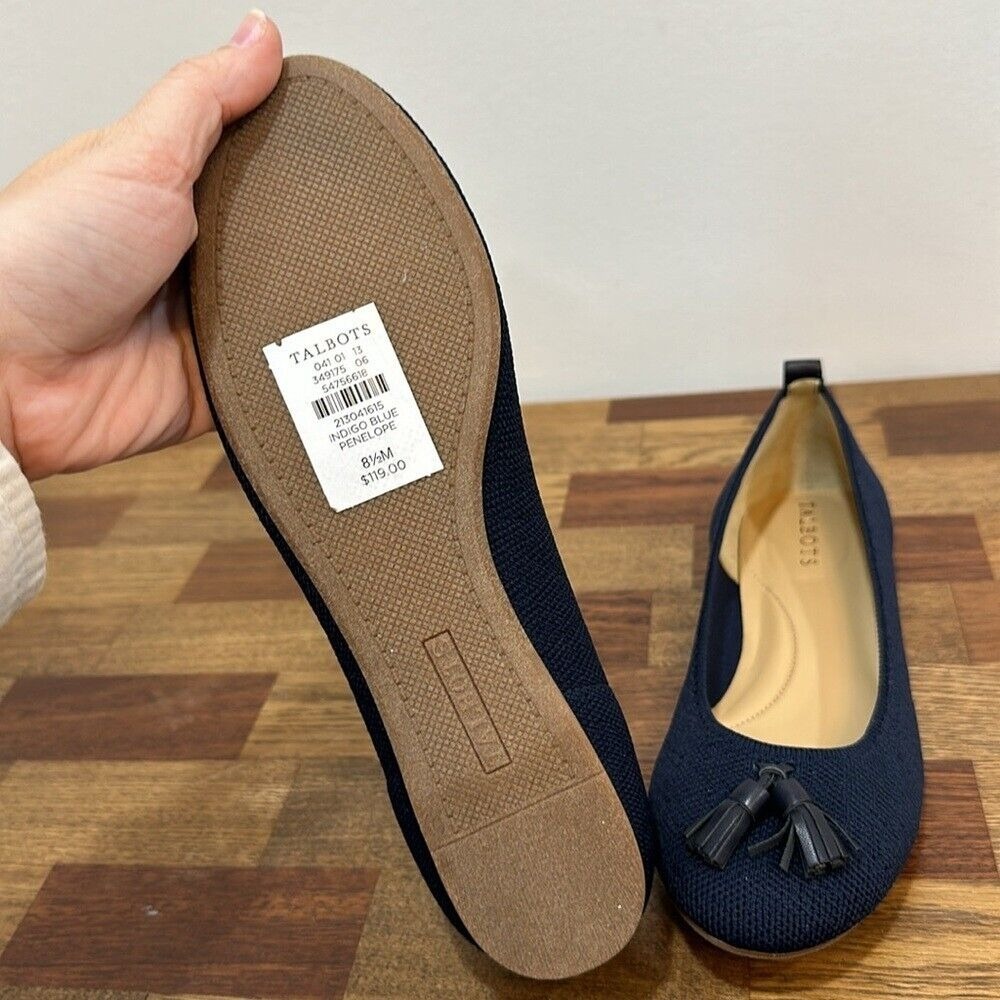 Talbots Womens Penelope Flats 8.5 Navy Blue Knit Tassel Slip On Ballet Round Toe - Picture 6 of 8